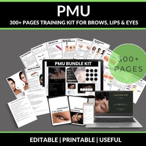 PMU Training Bundle für Brows Lips Eyes | 300+ Seiten bearbeitbares Kurs Kit | Einverständniserklärungen, Zertifikate, Preisliste, Prüfungen und Handbücher