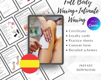 Puede incluir: Anuncio de un producto digital sobre depilación corporal e íntima. La imagen muestra una pierna siendo depilada con cera, rodeada de documentos digitales. El texto incluye "Full Body Waxing + Intimate Waxing" y una lista de elementos incluidos.