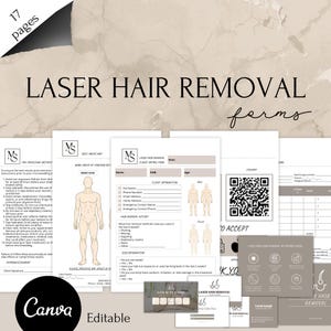 Puede incluir: Un conjunto de formularios editables para la depilación láser, que incluyen la admisión del cliente, el cuidado posterior y mapas de áreas del cuerpo. Los formularios son en tonos beige y gris, con el texto "LASER HAIR REMOVAL" en la parte superior.