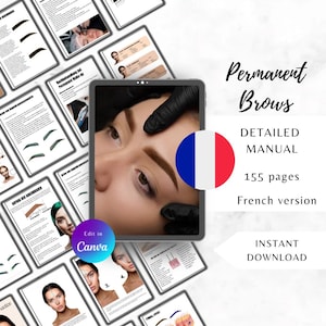 Puede incluir: Una tableta digital que muestra un manual en francés para el maquillaje permanente de cejas. El manual se titula "Cejas permanentes" e incluye una guía detallada de 155 páginas. La imagen también muestra un primer plano de la ceja de una mujer que está siendo trabajada por un profesional.