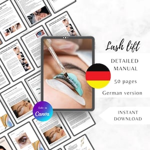 Peut inclure: Une tablette numérique affichant une image rapprochée d'un œil de femme recevant un rehaussement de cils. L'image est accompagnée de texte en allemand, indiquant un manuel détaillé de rehaussement de cils de 50 pages. Le texte comprend également les expressions "Lash lift" et "Version allemande".