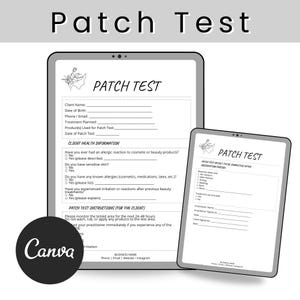 Puede incluir: Dos tabletas digitales que muestran formularios de "Prueba de Parche". Los formularios incluyen secciones para la información del cliente, preguntas de salud e instrucciones. Los formularios son en blanco y negro con un diseño floral. La palabra "Canva" está en un círculo negro.