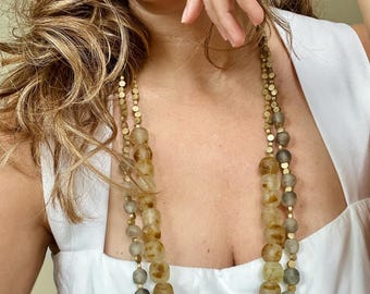 Long Handmade Necklace with Recycled Glass & Brass Beads