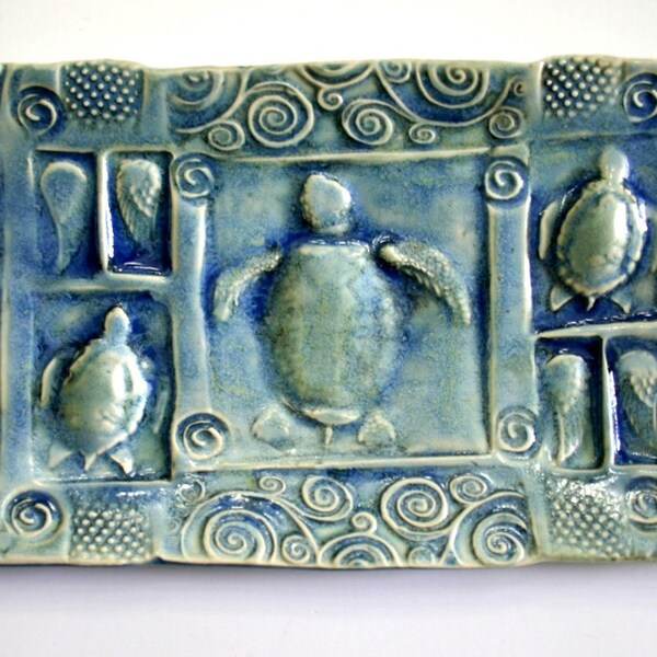 Blue Sea Turtle Sushi Tray Handmade Pottery