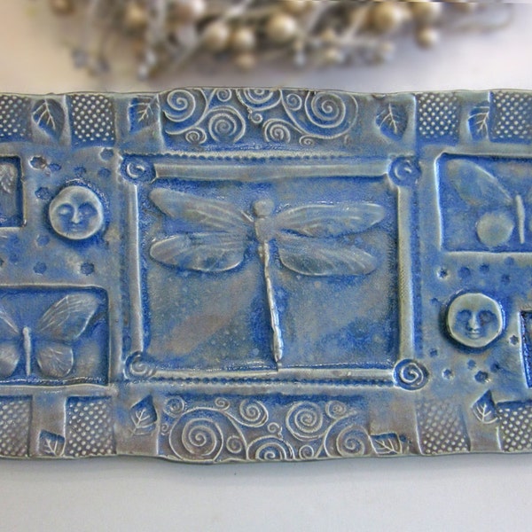 Ceramic Dragonfly Butterfly Full Moon Platter Tray Sky Blue Handmade Pottery