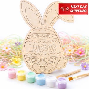Personalized Easter Egg Paint Kit, Wooden Bunny Craft for Kids, DIY Easter Activity, Custom Name Easter Basket Stuffer EK01