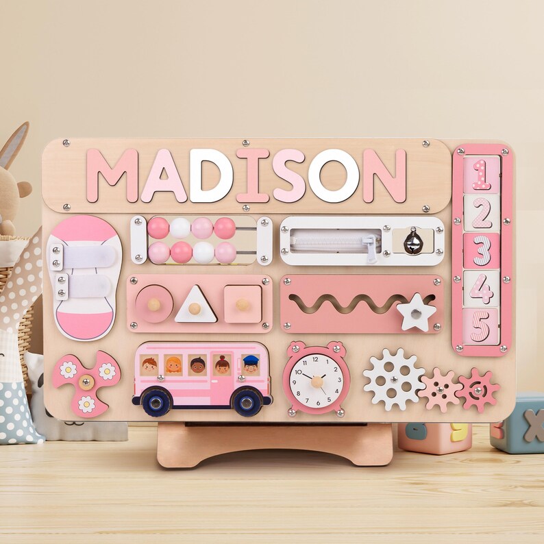 Wooden Busy Board Puzzle, Personalized Name Puzzle Toy Baby Girl Gift