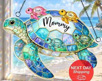 Personalized Sea Turtle Suncatcher, Mothers Day Gift For Grandma Mom with Kids Name, Family Name,Window Hanging, Turtle Beach Lovers Gift
