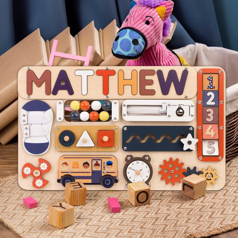 Wooden Busy Board Puzzle, Personalized Name Puzzle Toy Baby Girl Gift
