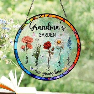 Personalized Grandma&#39;s Garden Gift For Grandma, Custom Birth Month Flower Stain Glass Suncatcher, Mother&#39;s Day Gift For Grandma,