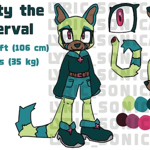 Puede incluir: Ilustración de dibujos animados de "Minty the serval", un personaje en verde y verde azulado. El personaje mide 106 cm y pesa 35 kg. La imagen incluye elementos de diseño adicionales y una paleta de colores.
