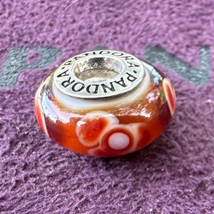 Pabdora Red Orange Flower Sterling Silver Charm Murano Glass Retired Bead