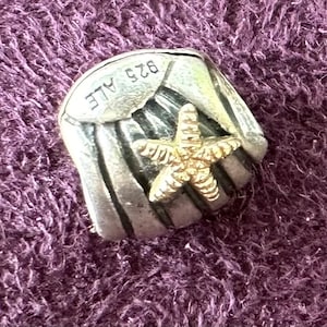 May include: Silver charm with a gold starfish on a textured seashell design. The charm is marked "925 ALE".