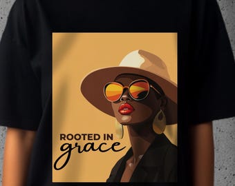 T-shirt con arte afrocentrica: Radicata nella grazia, l'emancipazione della donna nera