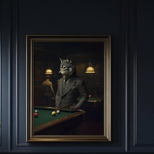 Wolf Playing Pool Art Print: Quirky Billiards Room Decor.
