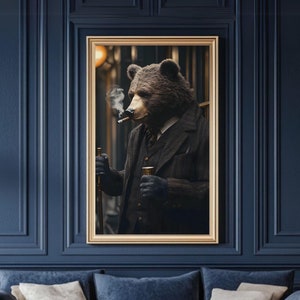 Sophisticated Bear Wall Art - Stylish Bear in Suit with Cigar and Whiskey, Perfect for Rustic Decor and Animal Lovers