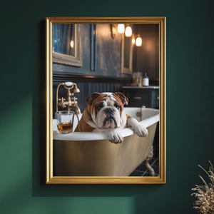 Sophisticated Bulldog Wall Art – Funny Whiskey Bathroom Decor for Dog Lovers, English Bulldog Print for Stylish Pet-Themed Home Interiors