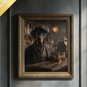 Impresión de un elegante dóberman: retrato de perro bebiendo whisky, decoración de bar