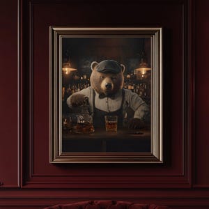 Bartender Bear Wall Art - Quirky Animal Mixing Whiskey in Rustic Bar, Perfect for Home Bars, Game Rooms, and Animal Lovers.