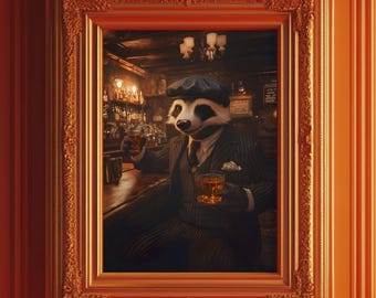 Dapper Raccoon Whiskey Bar Print: Quirky Animal Pinstripe Suit Art