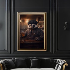 May include: A black velvet sofa with gold trim and tufted upholstery sits in front of a framed picture of a badger wearing a hat and holding a glass of liquor. The picture is set against a dark, wood-paneled wall.