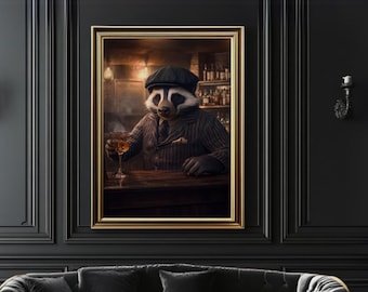 Raccoon Bartender Art Print: Quirky Animal Whiskey Bar Decor