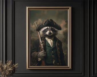 Raccoon Soldier Wall Art Print – Whimsical Colonial Animal Portrait, Vintage Military Style Raccoon Poster, Quirky Elegant Home Decor