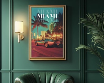 Retro Miami Beach Poster – Neon Vice City Car Print