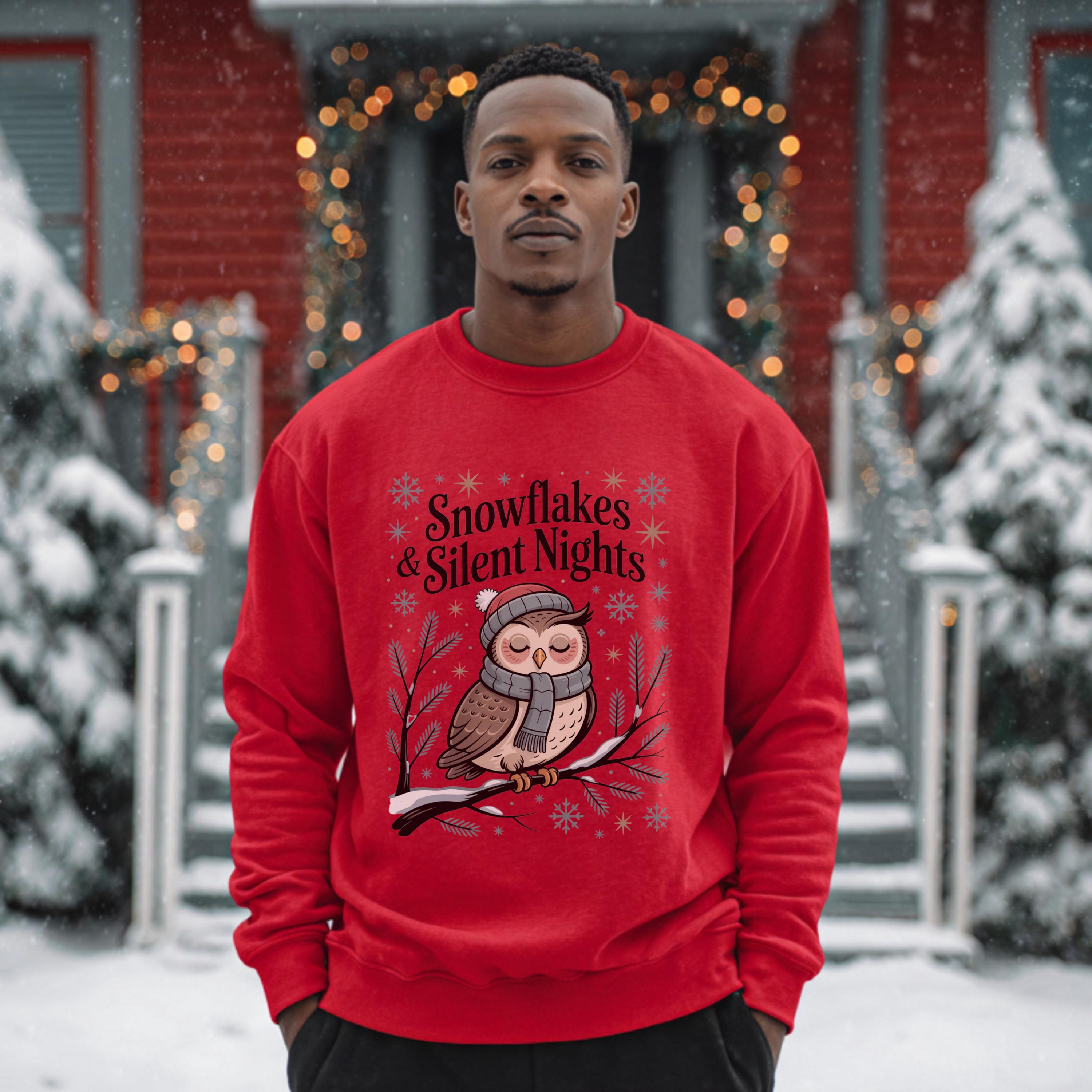Snowflakes and Silent Nights Christmas Sweatshirt – Cozy Winter Owl Pullover for Nature Lovers