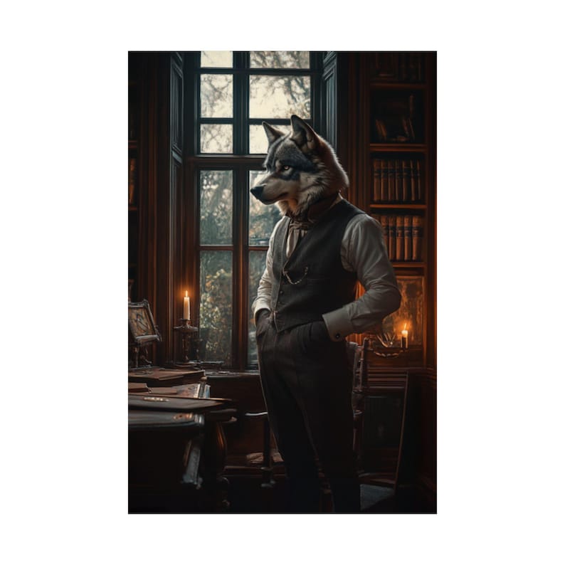 Library Display Wolves Wolf in Suit Art Print: Elegant Animal Portrait, Rustic Library Decor ...