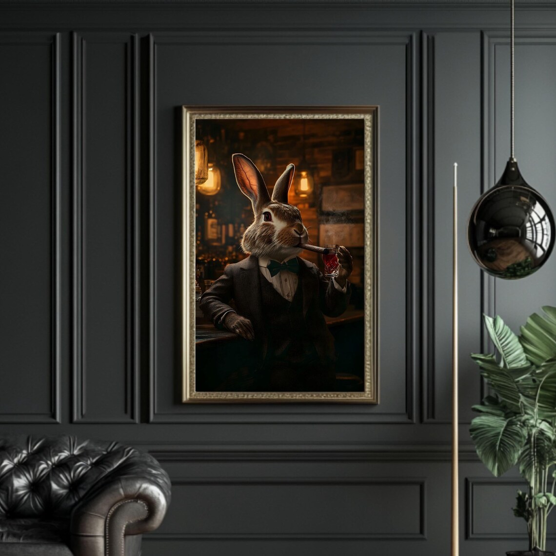 Dapper Rabbit Print – Smoking Cigar, Whiskey Lounge Animal Art - Etsy