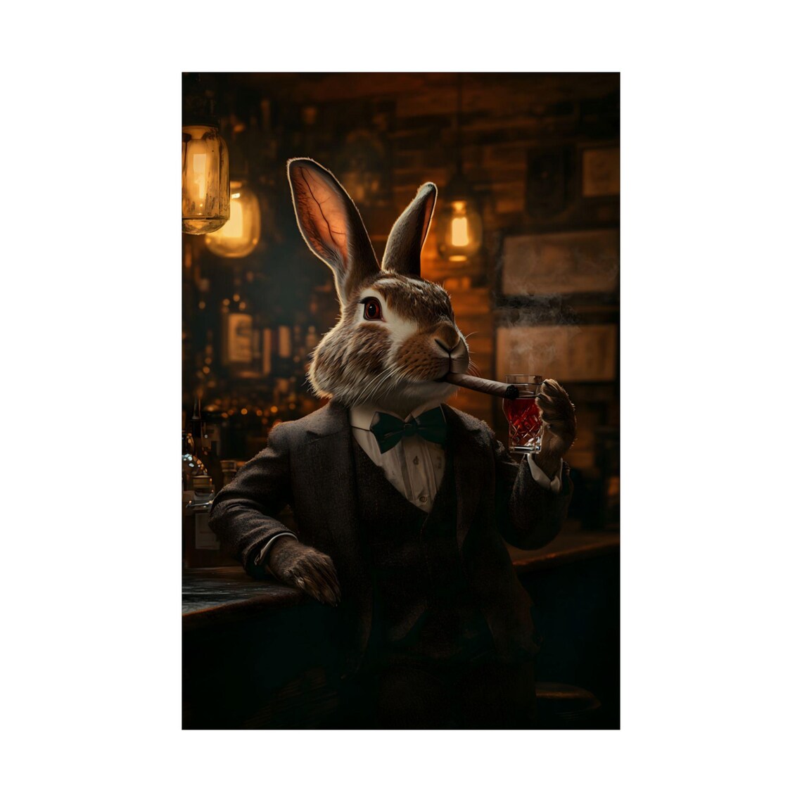 Dapper Rabbit Print – Smoking Cigar, Whiskey Lounge Animal Art - Etsy