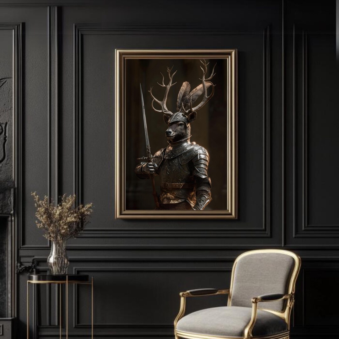 Stag Knight Knight Stag Wall Art Print – Medieval Fantasy Animal Portrait, Dark ...