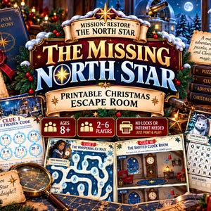 Könnte beinhalten: Ein druckbares Weihnachts-Escape-Room-Spiel mit dem Titel The Missing North Star, das ein festliches Design in Rot, Grün und Gold aufweist. Das Set enthält verschiedene Hinweiskarten, Rätselblätter und Spielanleitungen mit Illustrationen von verschneiten Landschaften, einem Kompass und einer Lupe.