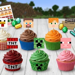 May include: A set of six Minecraft-themed cupcake toppers featuring pixelated character faces including a chicken, Steve, Alex, TNT, a Creeper, and a pig. The toppers are displayed on colorful cupcakes with matching wrappers, accompanied by a sheet of stickers.