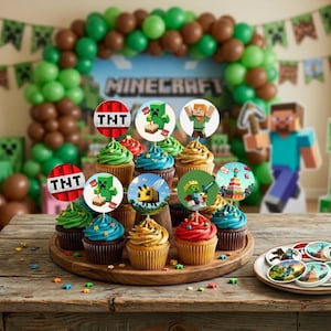 Peut inclure: Une collection de cupcakes disposés sur un support en bois, chacun surmonté d'un disque en papier illustré de motifs Minecraft, incluant des blocs TNT, un Creeper, une abeille et des personnages du jeu. Des disques supplémentaires sont sur une assiette.