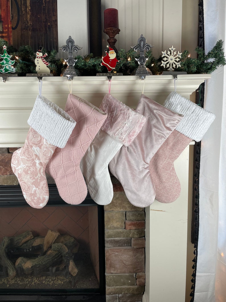 Pink Christmas Stockings Personalized, Baby Girl Stocking, Pink Holiday Decor, Family Christmas Stockings, Velvet Christmas Stocking Bild 3