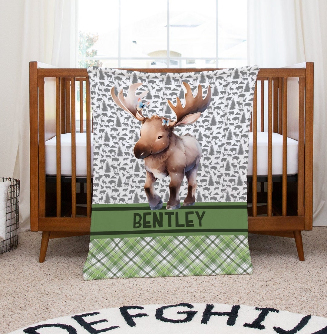 Woodland Animal Blanket, Personalized Baby Gift, Moose Baby Blanket