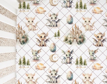 May include: White crib sheet with a repeating pattern of watercolor dragons, castles, and clouds. The dragons are green, white, and blue. The castles are white and gray. The clouds are white and yellow.