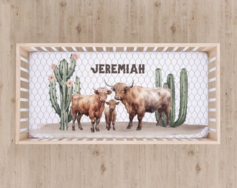 Personalized Crib Sheet, Highland Cow Nursery, Name Crib Bedding, Farm Baby Bedding, Cow Nursery Decor, Shower Gift, New Baby, Mini Crib