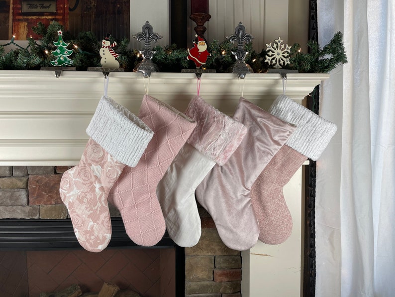 Pink Christmas Stockings Personalized, Baby Girl Stocking, Pink Holiday Decor, Family Christmas Stockings, Velvet Christmas Stocking image 2