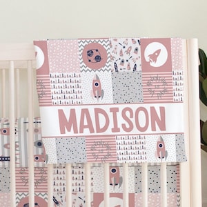 Pink Rocket Adventure Nursery Bedding, Custom Personalized Baby Name Quilt, Outer Space Theme Girl Toddler Room Sheets, Curtain, Bedroom Set