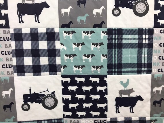 Buffalo Check Personalized 3 Piece Bedding Set Buffalo Plaid Nursery Bedding Navy Blue and Dusty Blue Farm Life Quilt Horses Tractors Baby Boy Cows