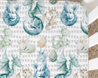 Dragon Crib Sheet, Dragon Nursery Decor, Green Dragon Crib Bedding, Mini Crib Sheet, New Mom Gift, Baby Shower Gift, Fairy Tale Nursery Blue