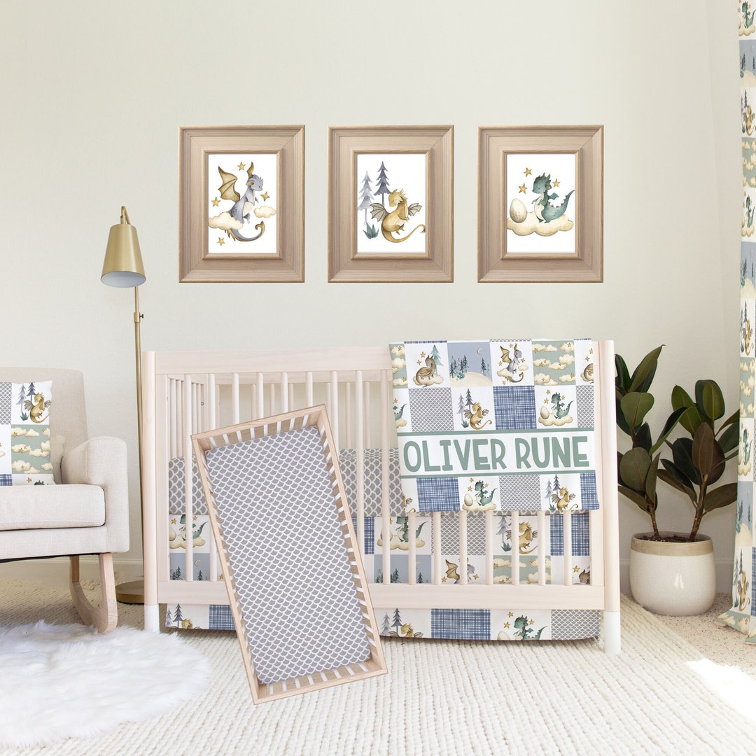 Dragon Crib Bedding Set, Fairy Tale Nursery, Baby Boy Bedding Set