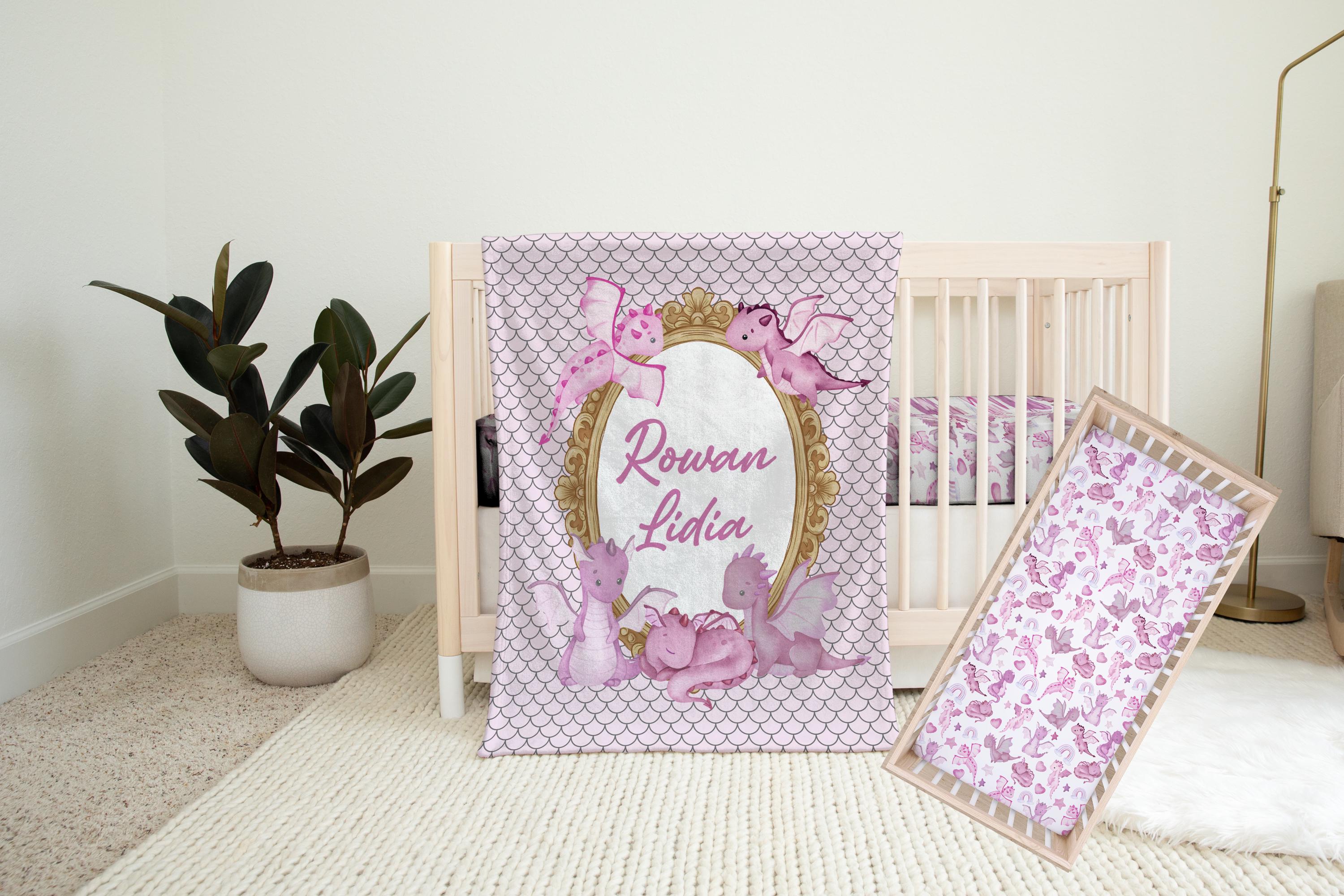 Dragon Crib Set, Pink Dragon Crib Bedding, Fairy Tale Nursery, Personalized Dragon Blanket, Dragon Crib Sheet, Castle Name Blanket, Gift