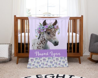 Horse Baby Blanket, Personalized Baby Blanket, Pony Baby Gift, Baby Shower Gift, Nursery Decor, Minky Milestone Blanket, Purple Name