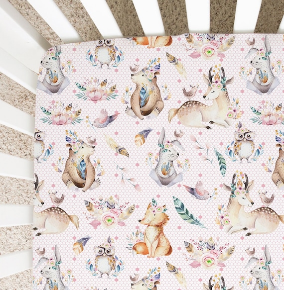 Bear Crib Sheet, Woodland Animal Nursery Decor, Baby Girl Crib