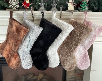 Personalized Faux Fur Family Christmas Stockings - Silver or Copper Fox - Deer Fawn - White - Black - Name Tag - Minky