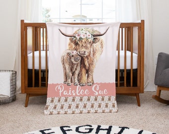 Highland Cow Baby Blanket, Baby Girl Crib Floral Bedding, Blush Pink Baby Shower, Farm Crib Bedding, Milestone Blanket Girl, Baby Name Gift